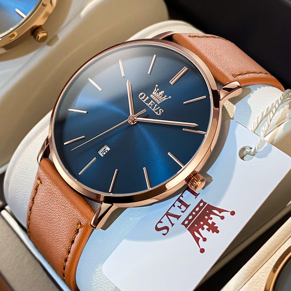 OLEVS Watches for Men Minimalist Ultra Thin Fashion Casual Analog Quartz Date Watch Waterproof Slim Simple Big Face Dress Mens Wrist Watches with Retro Leather Band for Men Reloj para Hombre