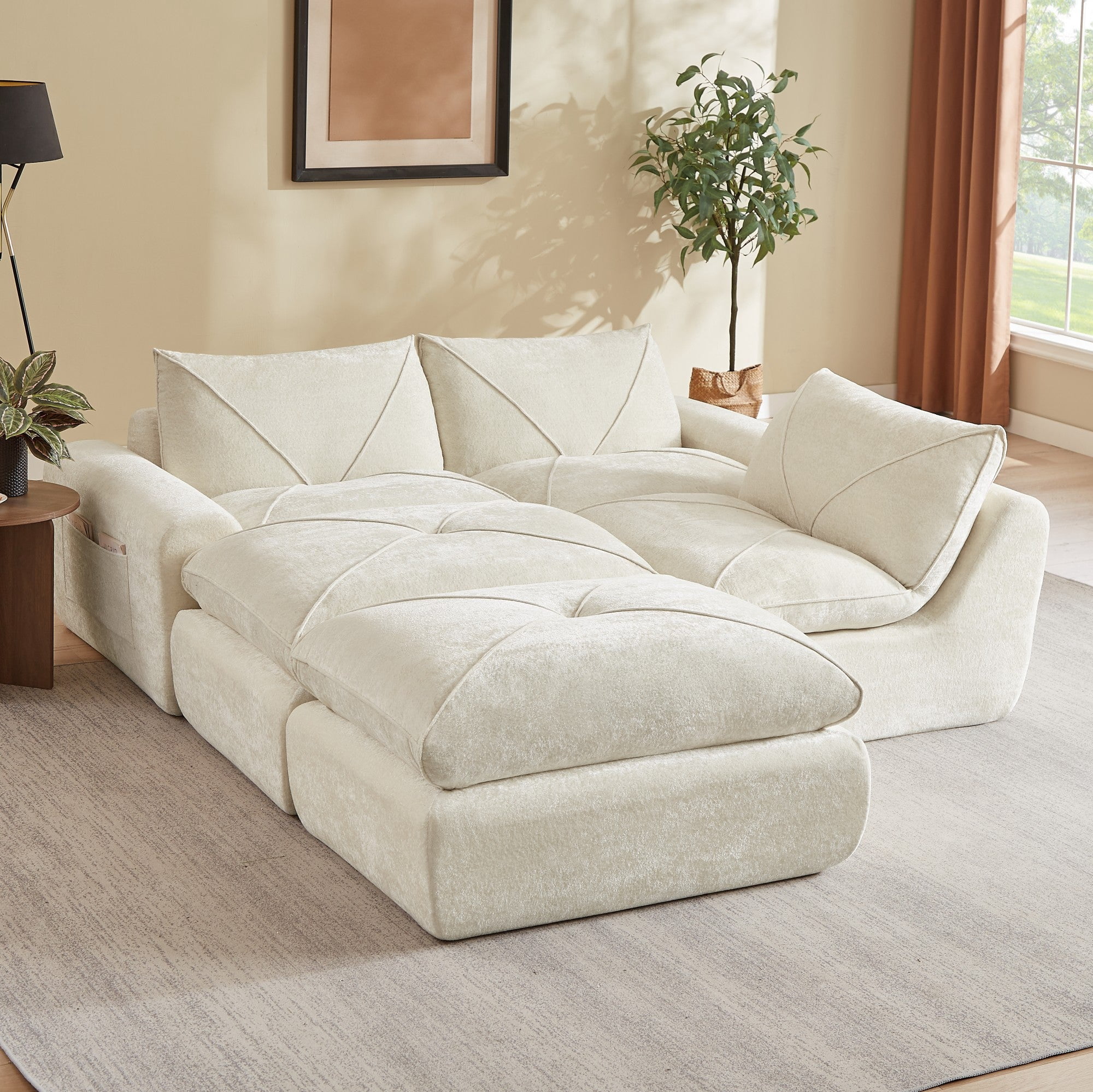 Sailvan Modern Chenille Modular Sectional Sofa with Ottoman,Spacious Living Room Furniture for Apartments and Homes Beige