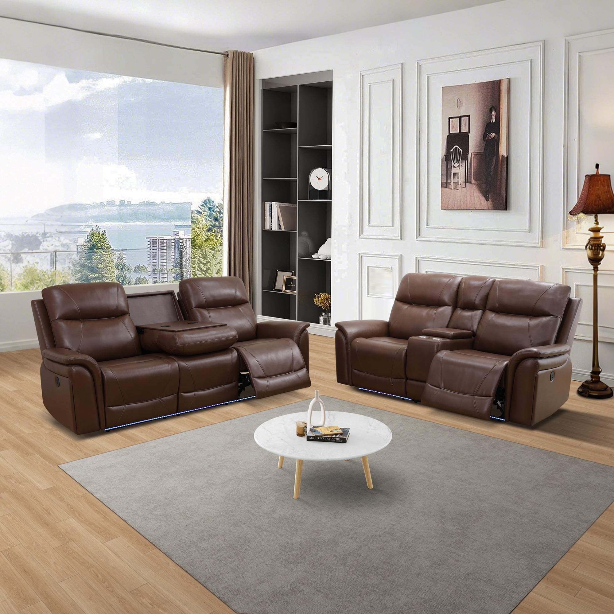 Gewnee Air Leather Power Recliner Sectional , Loverseat and Sofa Couch with LED, USB Port&Cup Holder for Living Room