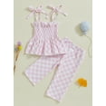 thumbnail image 6 of Toddler Kids Little Girl Checkered Outfit, 6 9 12 18 24 Months 2T 3T 4T 5T Tie Shoulder Shirred Babydoll Tops Elastic Waist Long Pants 2 Pcs Summer Clothing Set, 6 of 9