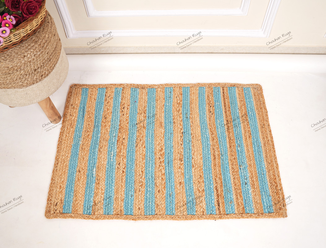 Natural Jute Area Rug Hand Braided Rug Cyan Scalloped Rectangle Rug