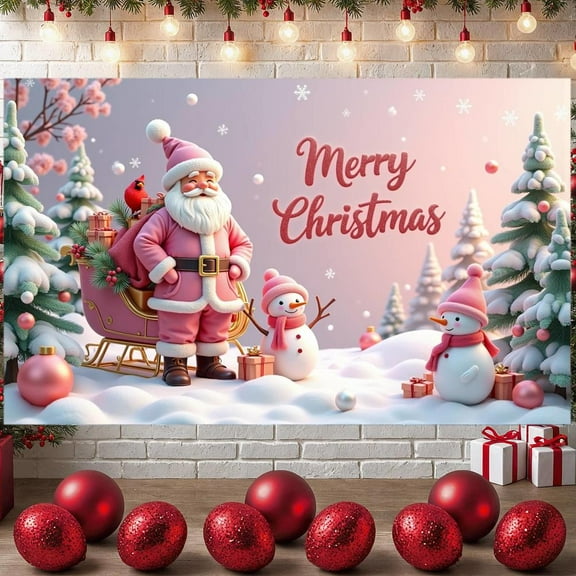 Pink Theme Christmas Banner Cute Merry Christmas Banner Santa Claus Design Snowman Pattern Holiday Banner for Christmas Party Indoor Decoration Home Celebration