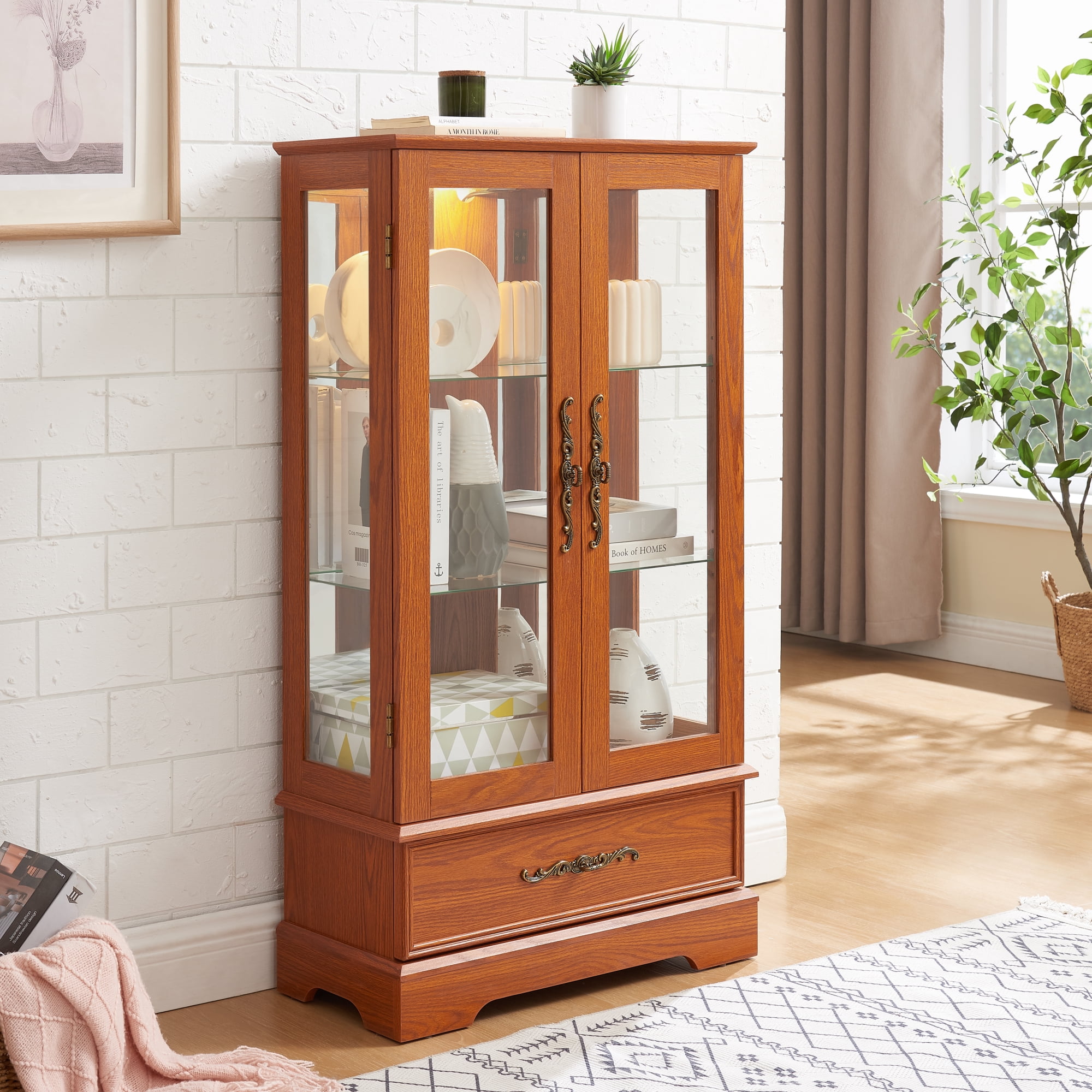 Leumius Glass Cabinet Lighted Glass Cabinet Curio Display Cabinet with Adjustable Glass Shelves 2 Doors and 1 Drawer for Living Room, Kitchen, Dining Room Dark Oak