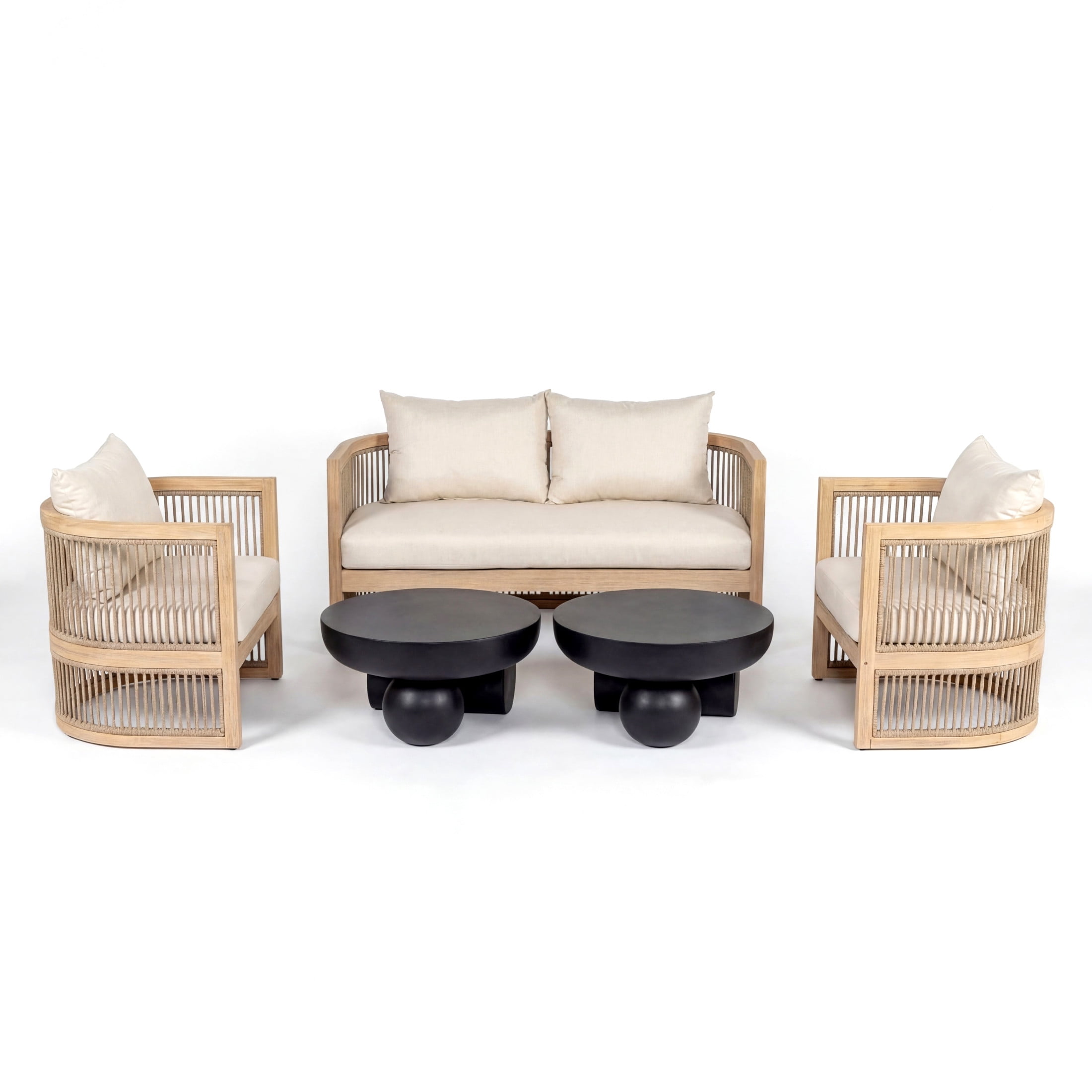 Christopher Knight Home 5-Piece Outdoor Light Teak Conversation Set with Black Coffee Tables, Beige Cushion