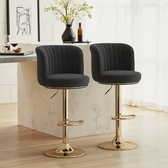 Farini Swivel Bar Stools Set of 2, Upholstered Adjustable BarStools with Backrest & Metal Base, Counter Height Island Chairs for Kitchen, Dining Room, Black