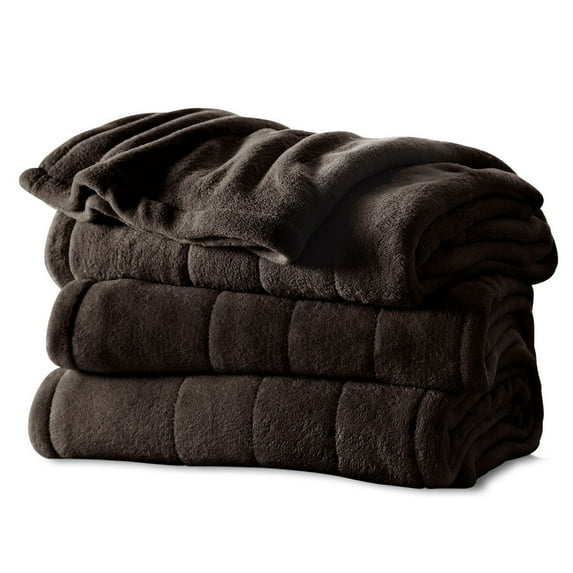 Sunbeam Electric Heated Plush Channeled Blanket, Dual Controls, Queen, Walnut