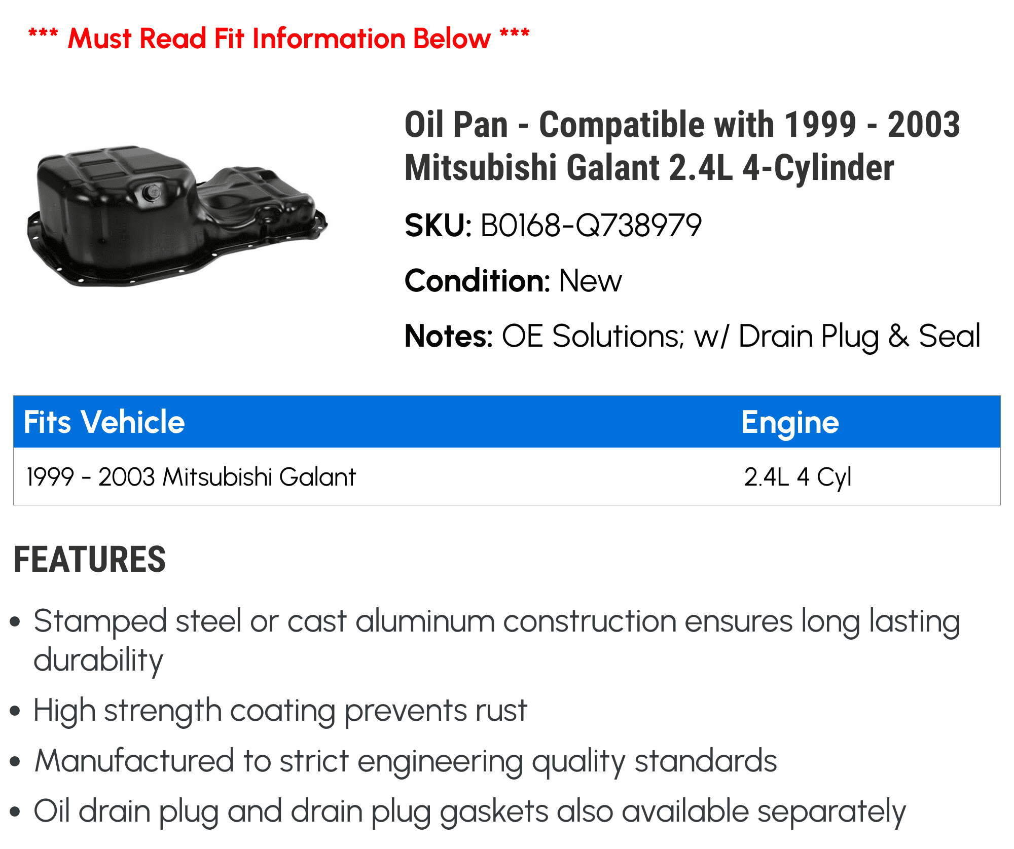 Oil Pan - Compatible with 1999 - 2003 Mitsubishi Galant 2.4L 4-Cylinder - Dorman