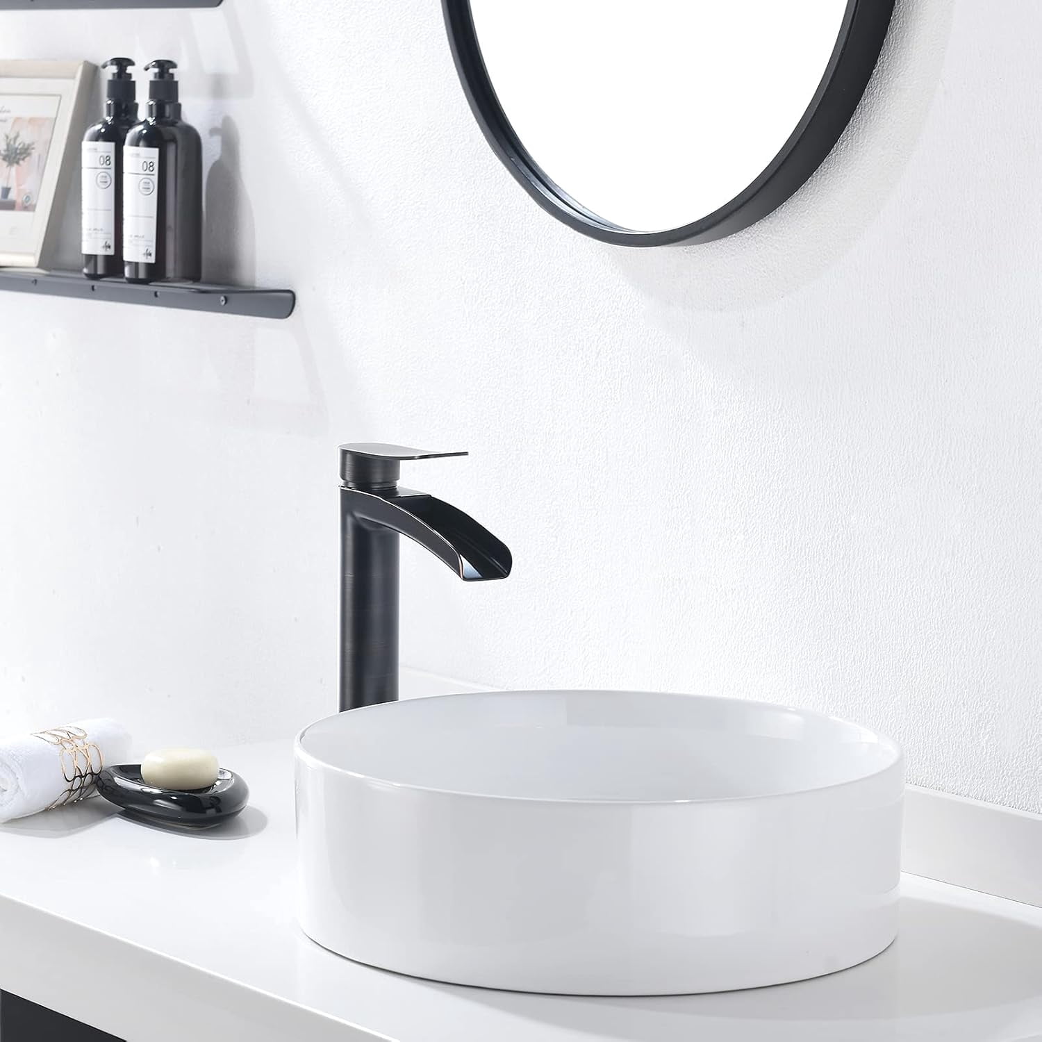Tall Bathroom Vessel Sink Faucet, Single Hole Single Handle Waterfall Oil Rubbed Bronze Bathroom Faucet, with Metal Pop Up Drain and Water Supply Lines