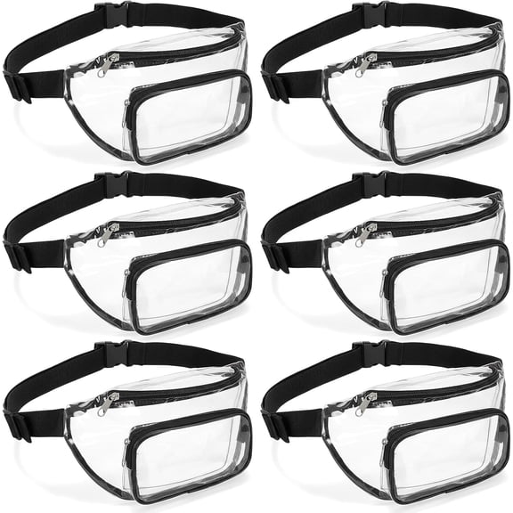 6 Pack Clear Fanny Pack for Stadium Events - Stadium Approved Waist Bag & Crossbody Bags, Transparent Belt Bag for Concerts, Sports (Clear & Black)