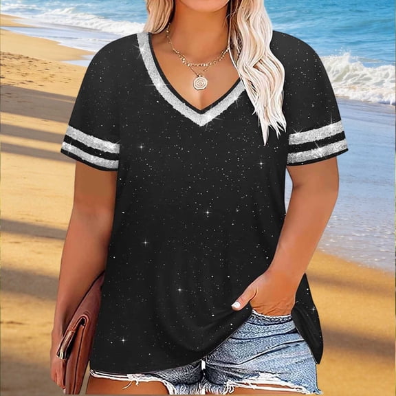 Craaazy Women's Summer Oversized V Neck Short Sleeve Solid Color Glitter Trim T-Shirt for Vacation and Everyday Outfits(S-5XL) Gifts