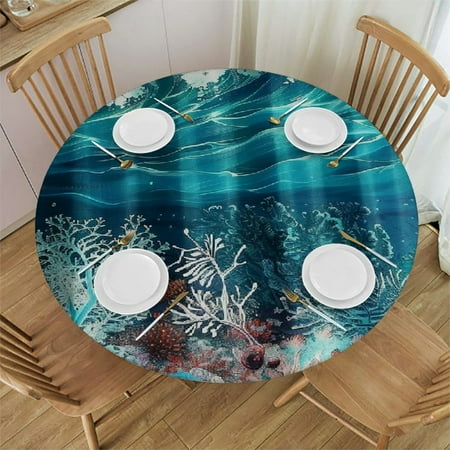 

Orinice Corals Wave Round Table Cover Stain Resistant Washable Indoor Outdoor Tablecloth Kitchen Dining Wedding Parties 100% Polyester Fiber 38-42