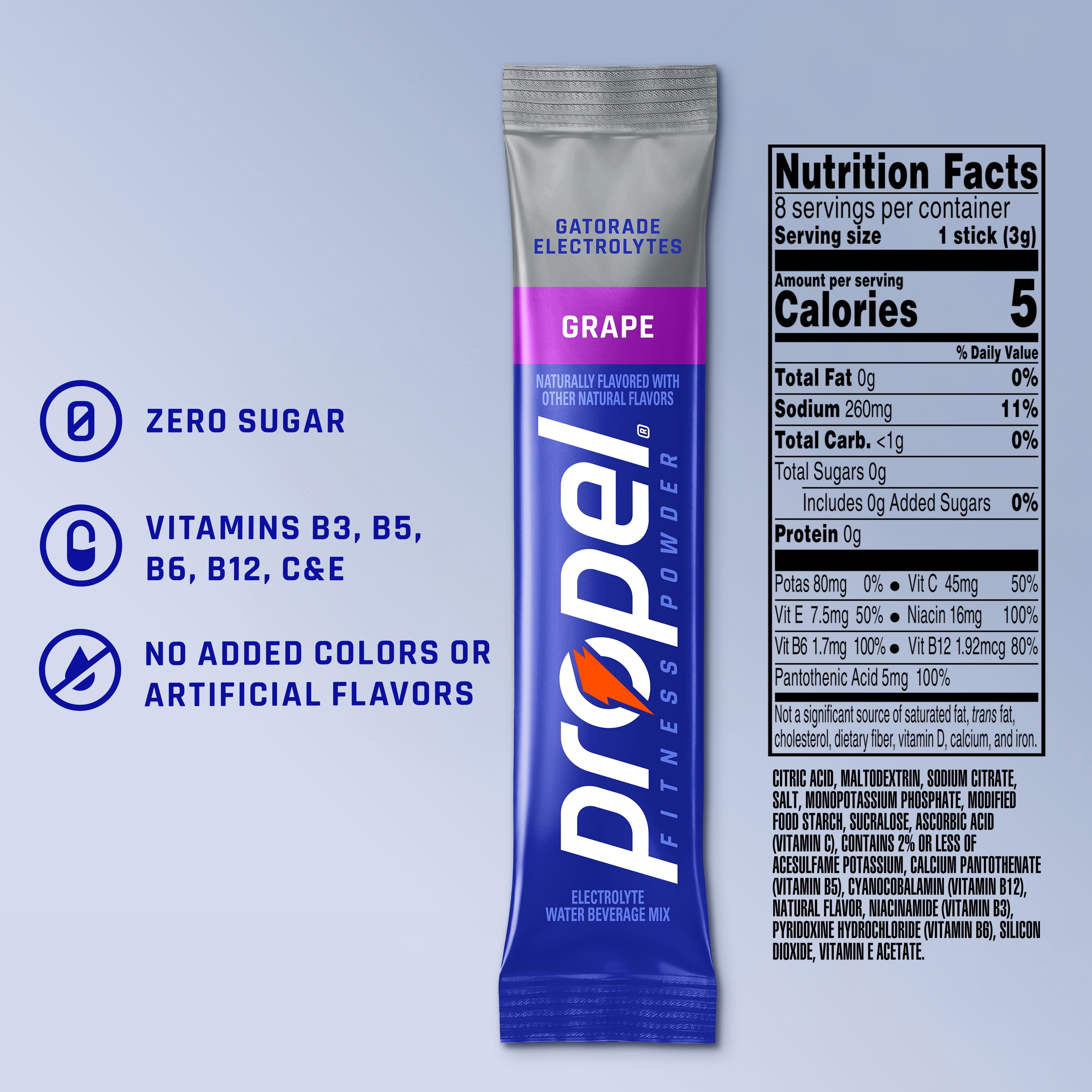 (3 pack) Propel Zero Sugar Grape, On the Go Packs, Electrolyte Powder Drink Mix, 0.11 oz, 8 Count packets