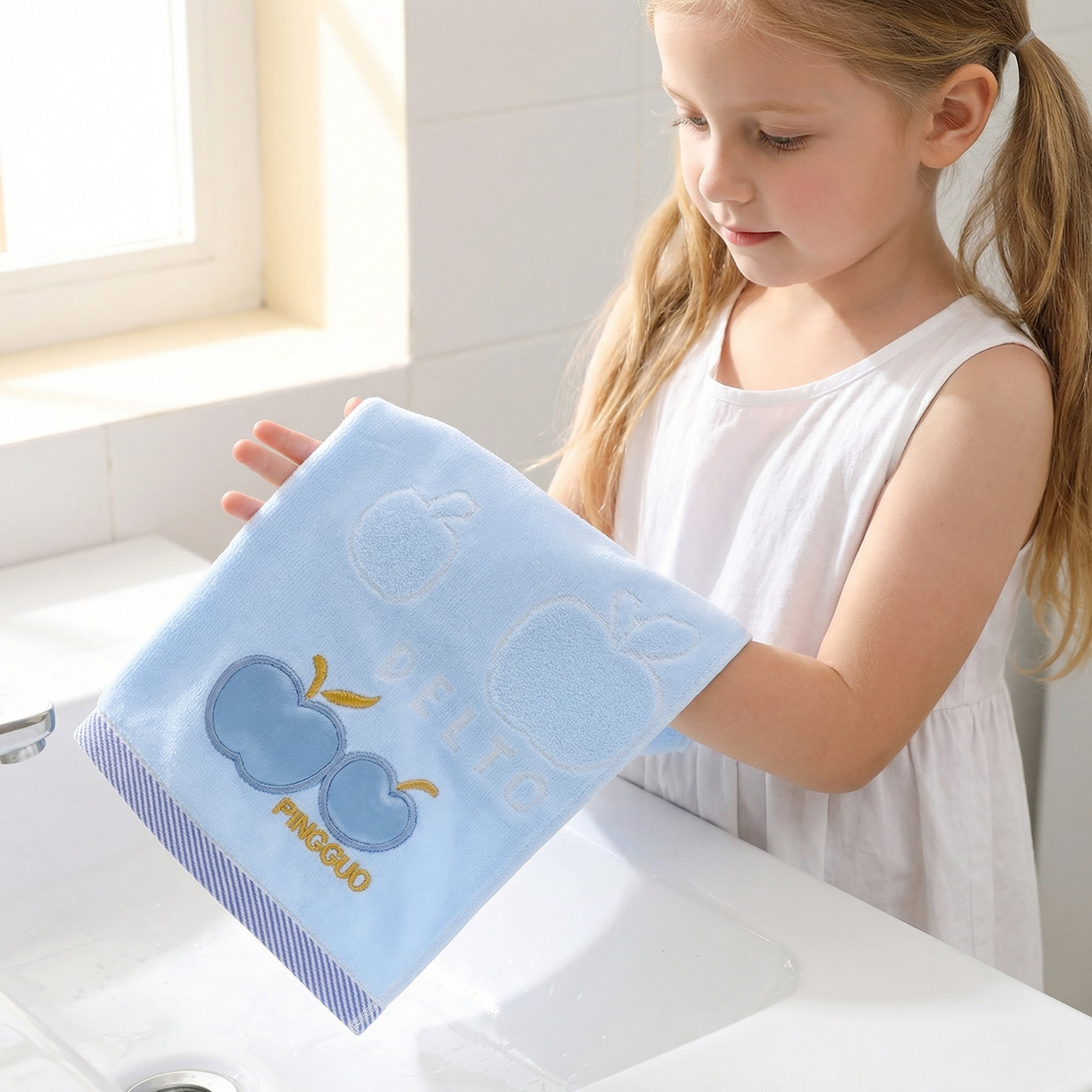 Unique Bargains Cartoon Embroidered 29" x 13" Soft Absorbent Hand Towels Blue 4pk