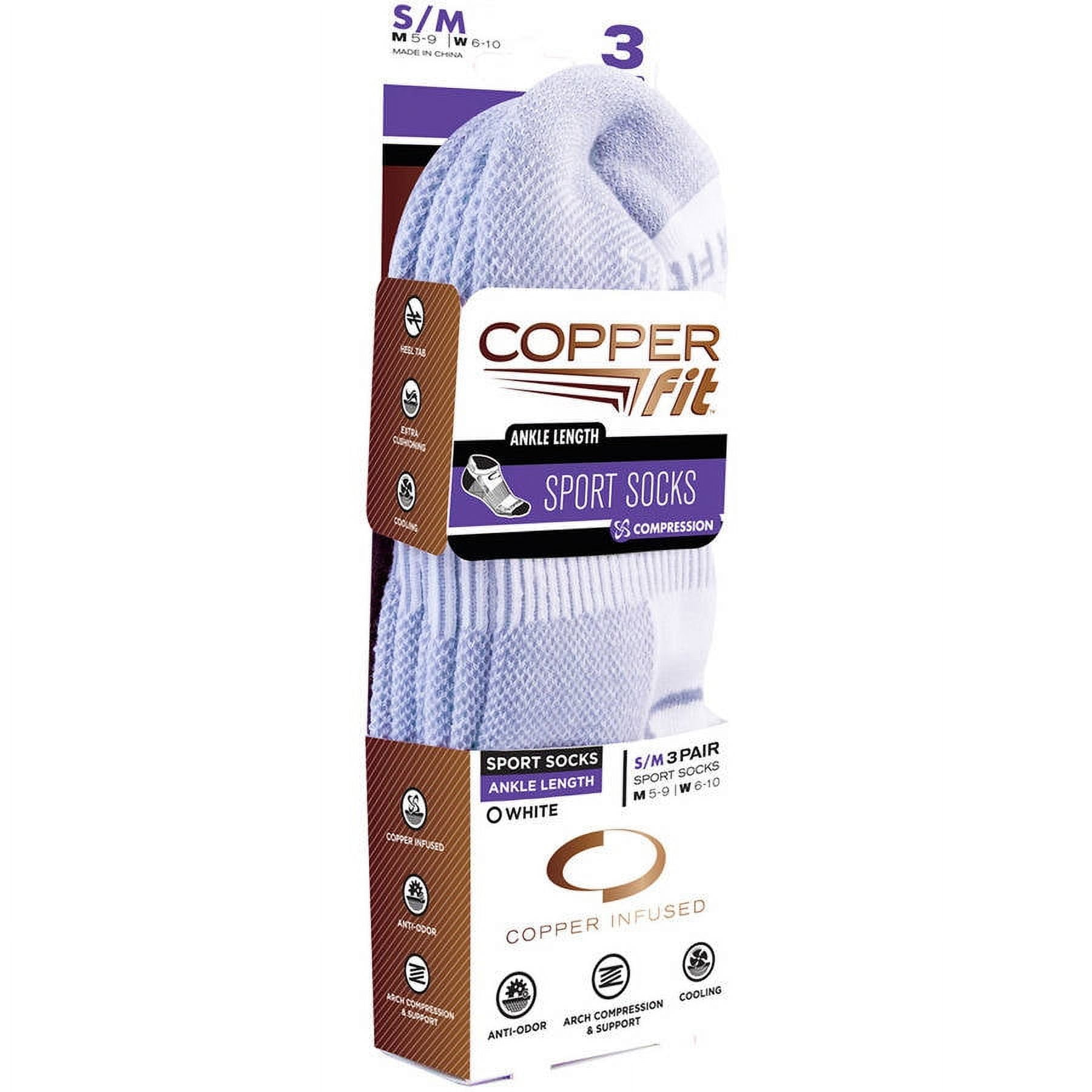 Copper Fit Ankle Length Sport Socks S/M, White, 3 Pairs, As Seen on TV