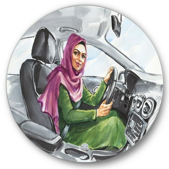 Designart 'Arabian Lady Driving A Car II' Modern Circle Metal Wall Art 36x36 - Disc of 36