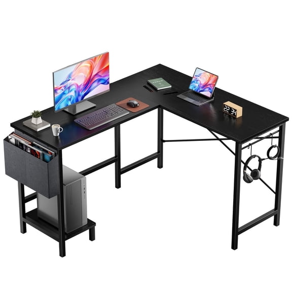 L Shaped Computer Desk, 50 Inch Reversible Corner Desk with Storage Bag & CPU Stand, Sturdy Metal Frame Gaming Desk Workstation for Home Office Study Bedroom