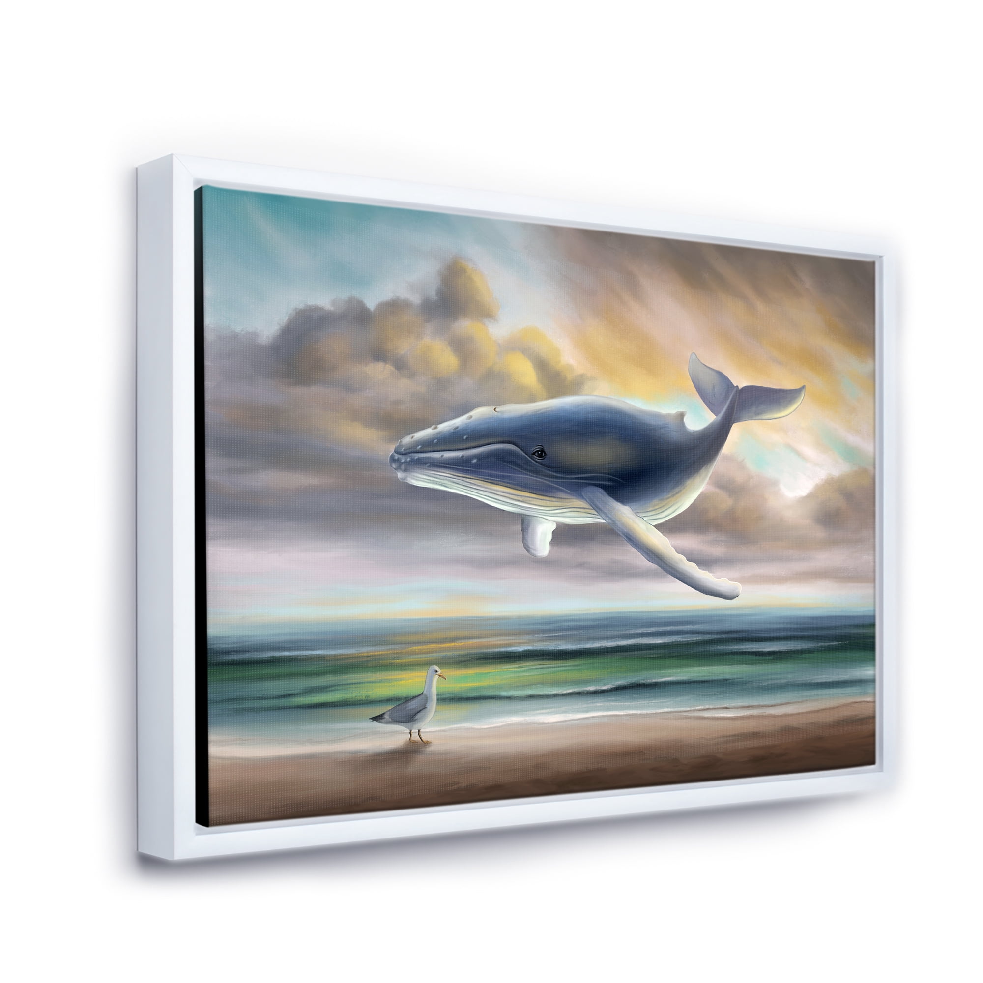 Designart 'Whale Floating In The Sky Over Beach' Children's Art Framed Canvas Wall Art Print