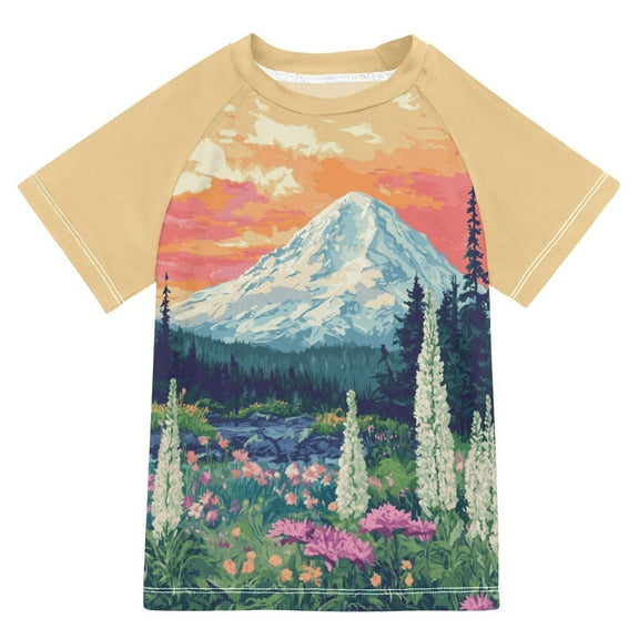 FORMRS Boys Rash Guard with Short Sleeves UPF 50  Swim Shirts Sizes 3-12T, Floral Mountain