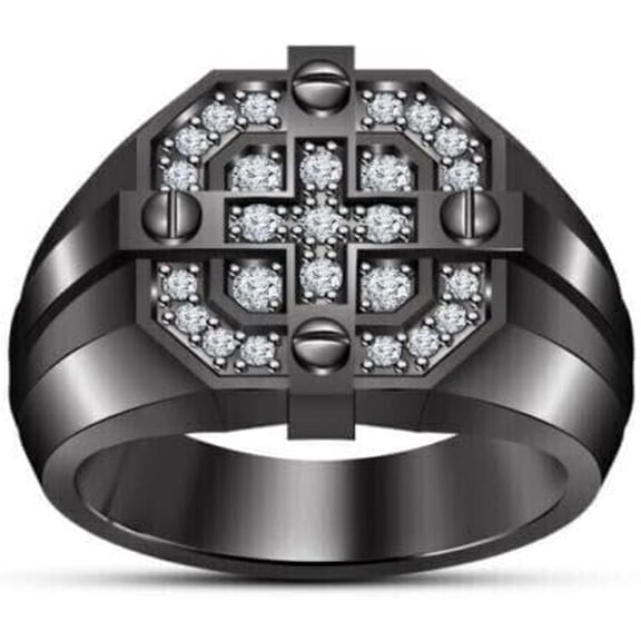 beryl_creation 1.10 Ct Round Cut White Diamond Engagement Hip Hop Cluster Pinky Ring 14K Black Gold Plated 925 Sterling Silver For Men's -5