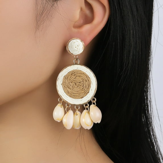 harmtty 1 Pair Women Hanging Earrings Braided Easy to Match Anti-allergy Round Shape Beads Tassel Contrast Color Drop Earrings for Beach
