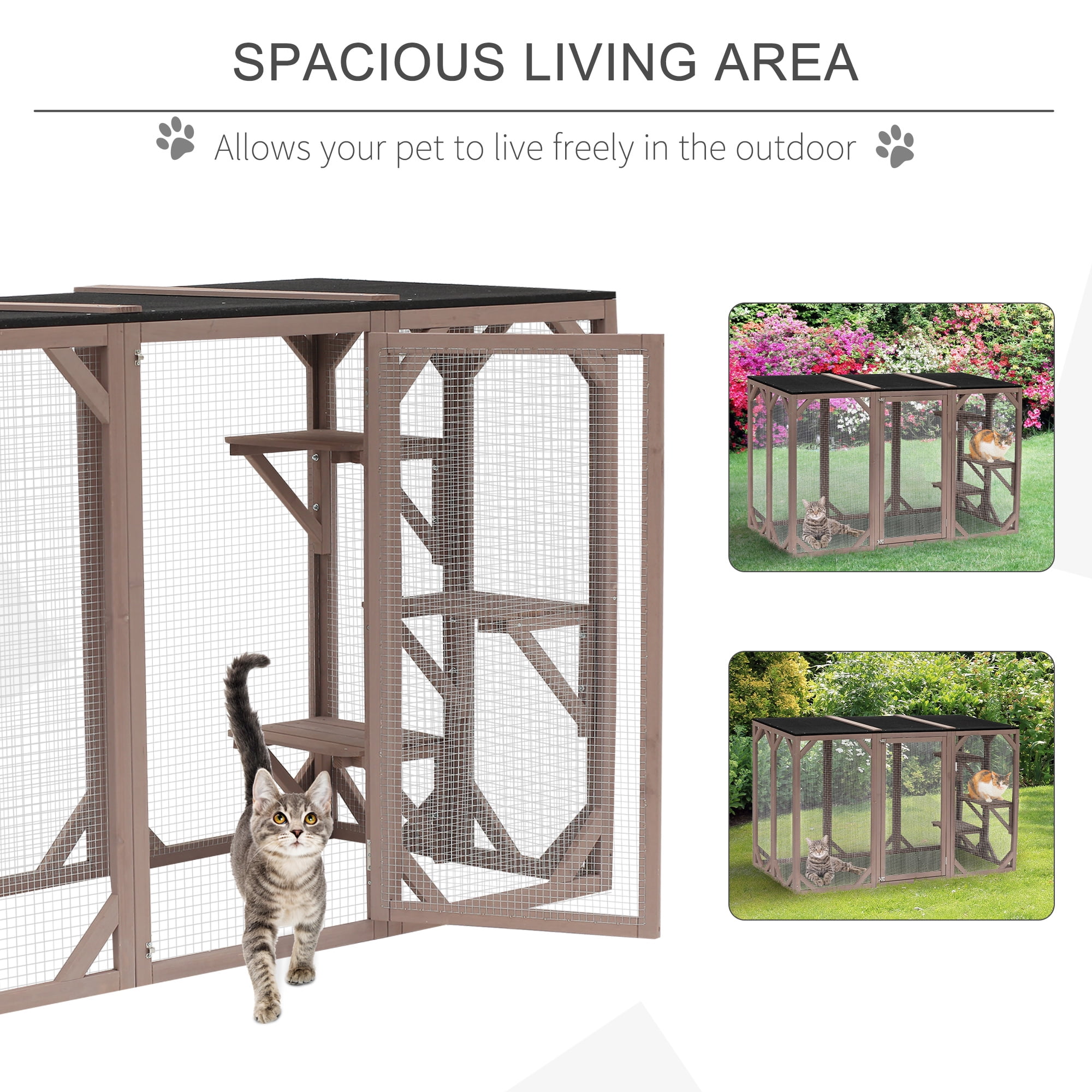 PawHut Wooden Outdoor Cat House Catio Kitten Enclosure Indoor Cage with Asphalt Roof, Multi-Level Platforms and Large Enter Door - 71"L, Brown