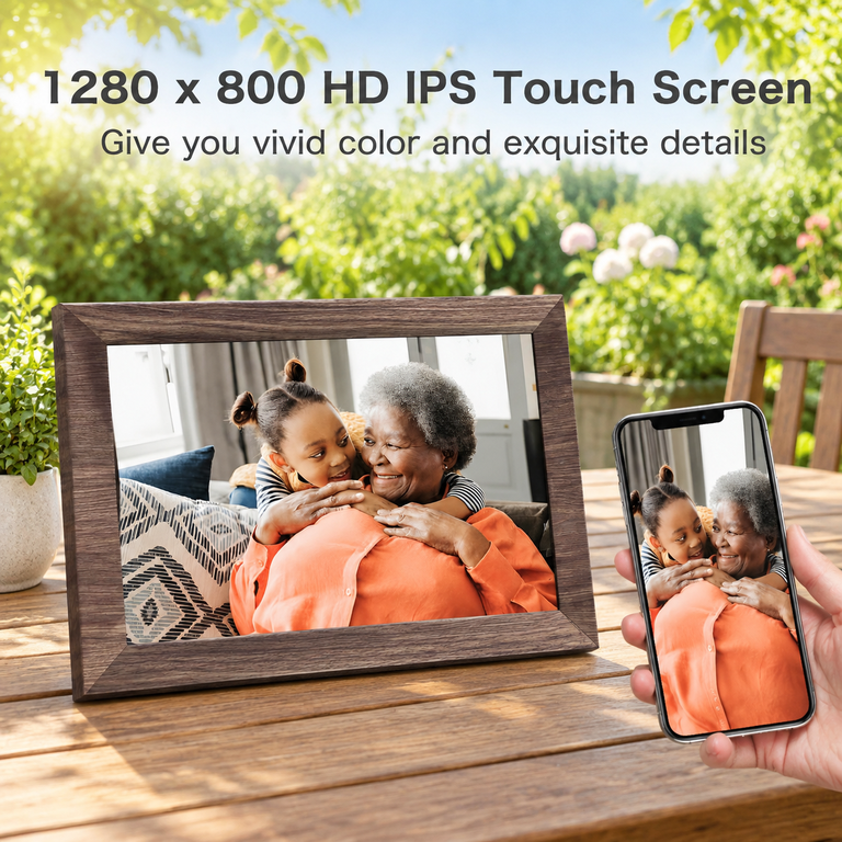 10.1 Inch Smart WiFi Digital Picture Frame, Brown Woodgrain, 32GB Built ...