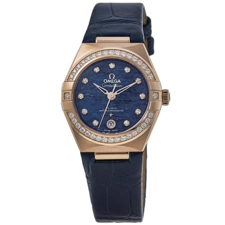 Omega Constellation Chronometer 29mm Blue Dial Diamond Rose Gold Leather Strap Women's Watch 131.58.29.20.99.006