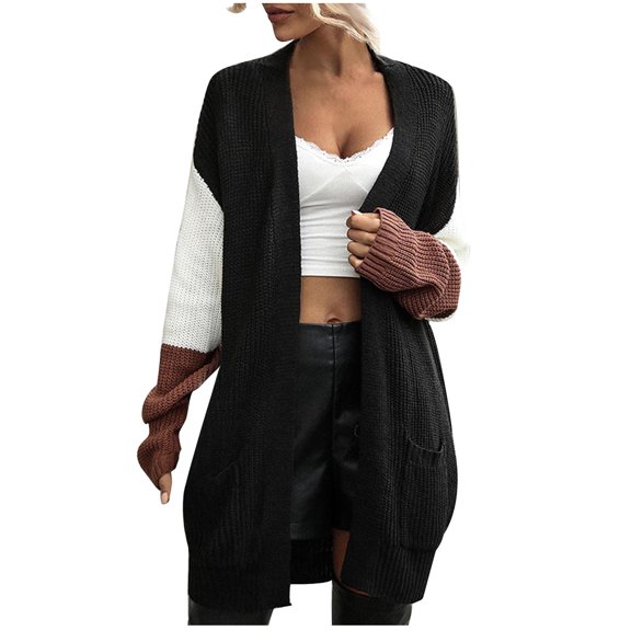 Ozmmyan Women's Long Sleeve Stripes Hooded Knit Cardigan Irregularity Sweater Coat