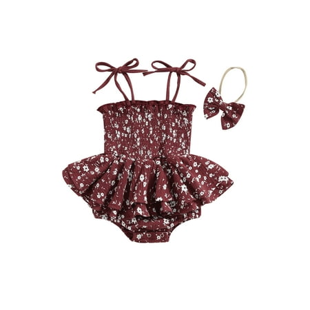 

Baby Girls Sling Romper Dress Summer Infant Sleeveless Layered Ruffle Floral Playsuit with Headband 2PCS Clothes