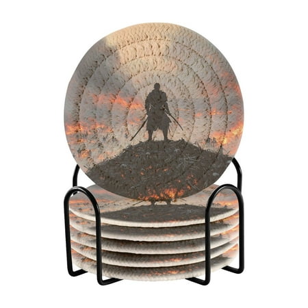 

Coil Coasters Set of 6，Double Edged Swordsman3.94-inch diameter printed on one side non-slip heat-insulating moisture-wicking home accessory.