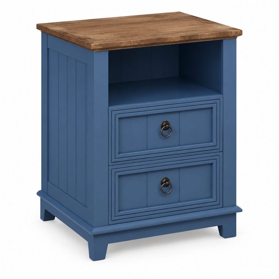 Farmhouse Nightstand with USB Charging Station, 18-Inch Wooden Bedside Table with 2 Drawers and Open Shelf for Bedroom Living Room, Blue