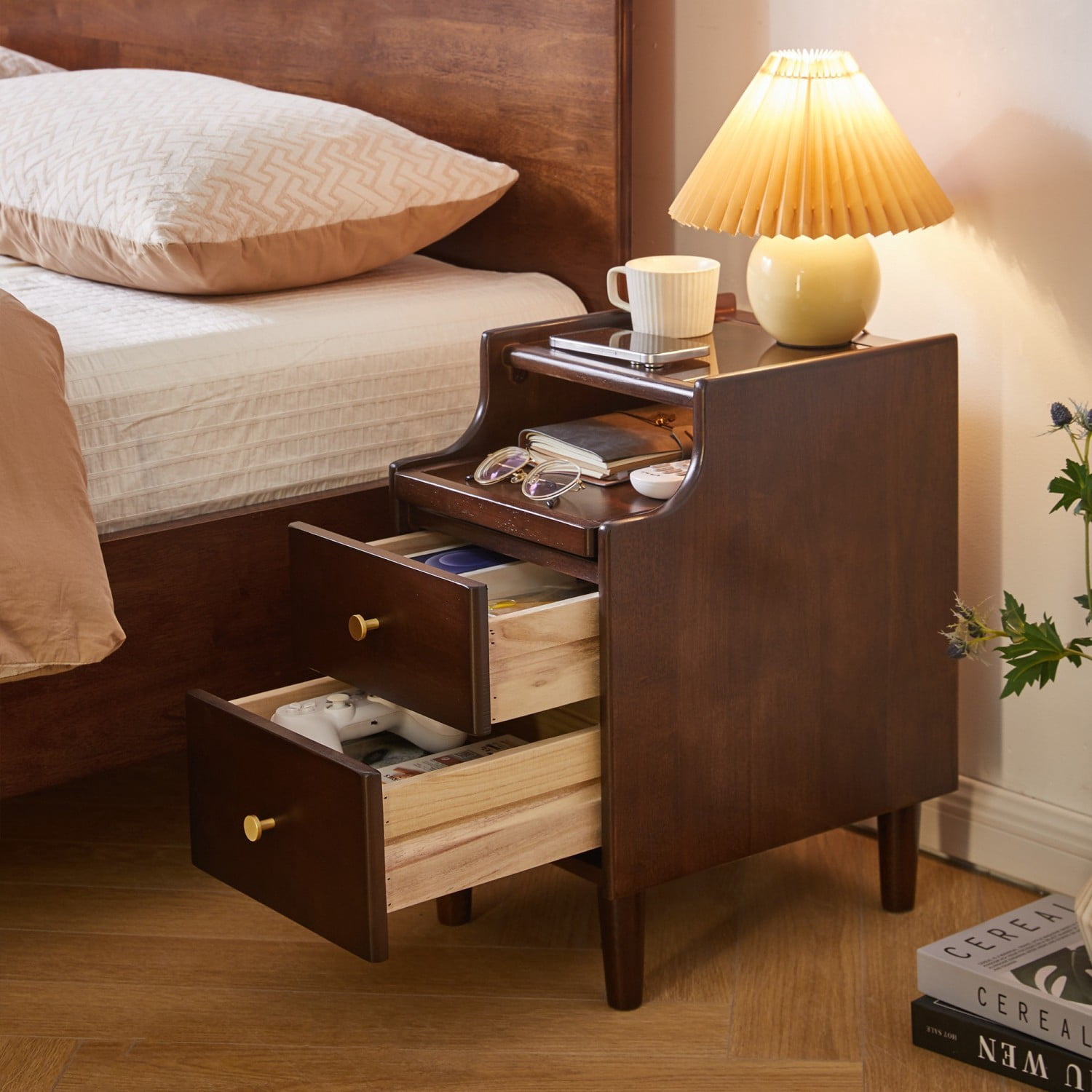 Solid Wood Nightstand with 2 Drawers and Pull-Out Panel Storage, Modern Bedside Table with Open Shelf, Sofa Side Table End Table for Bedroom Living Room, Brown