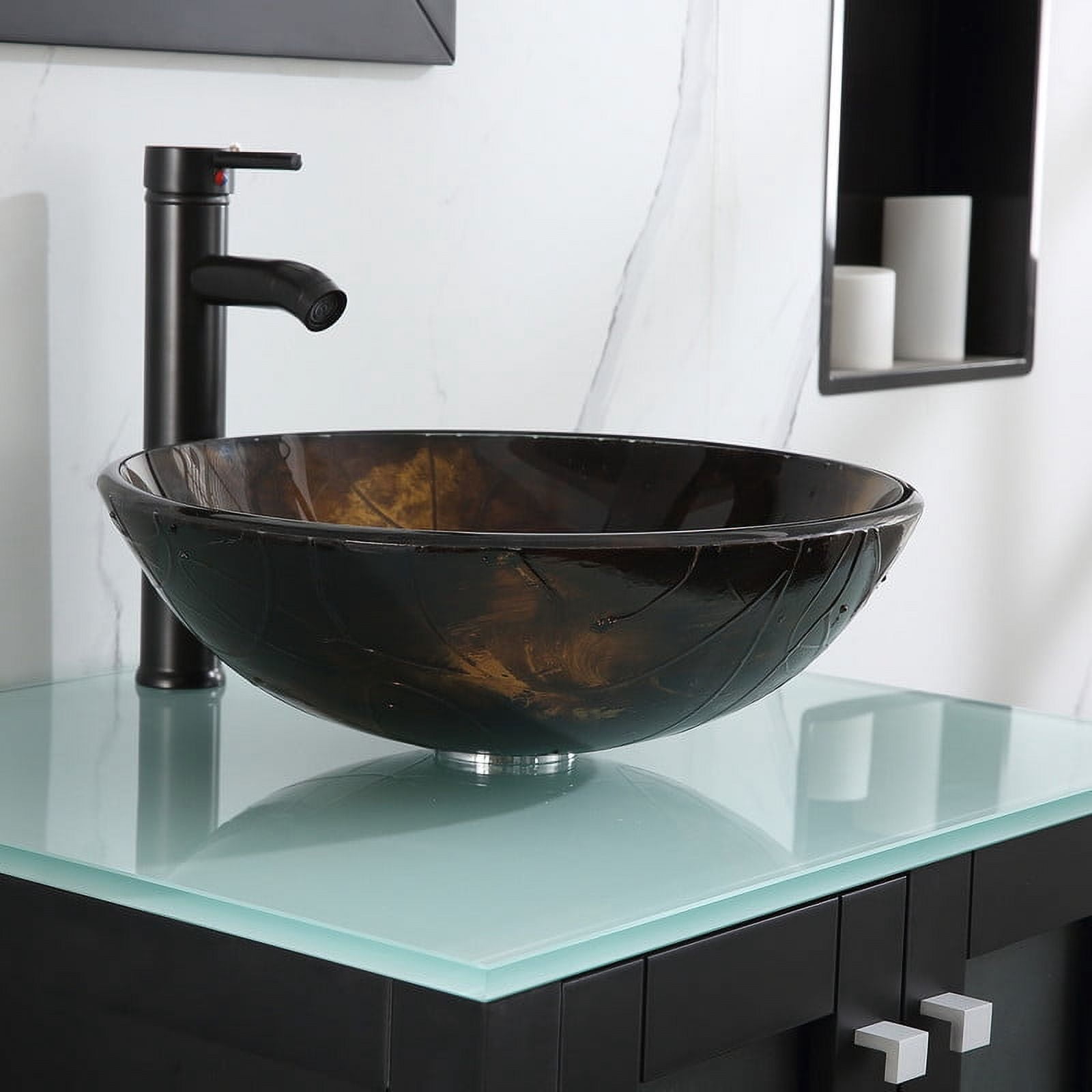 Walsport 24" Luxurious Wood Bathroom Vanity Cabinet Golden Brown Round Vessel Sink Vanity Cabinet Tempered Glass Top w/ Mirror,Black