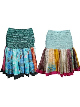 Mogul 2 Pc Women's Mini Skirt Colourful Recycled Sari Flared Gypsy Skater Skirts