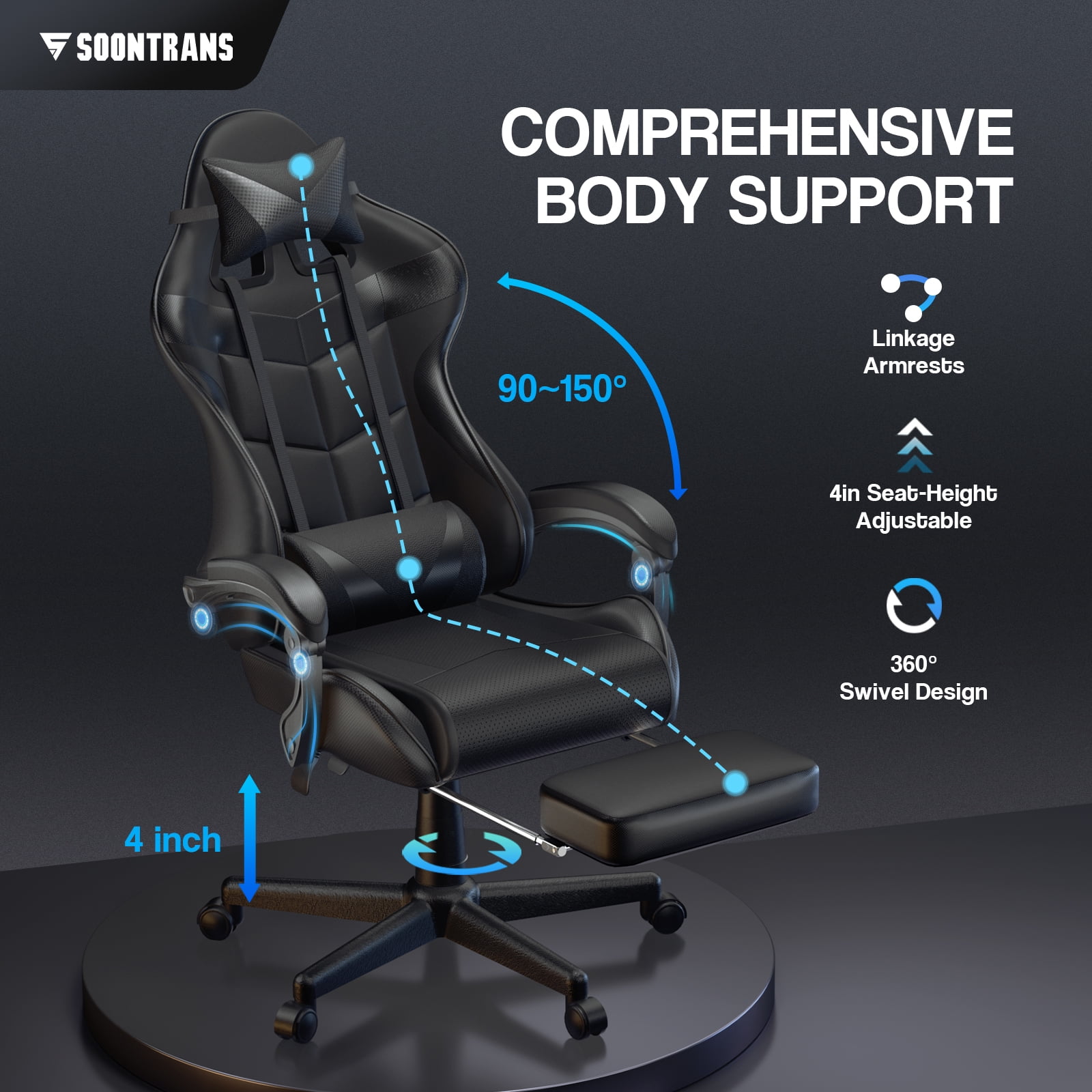 Soontrans Gaming Chair with Footrest and Ergonomic Massage Lumbar Pillow PU Leather Office Chair, Black