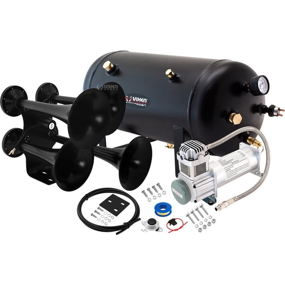 Vixen Horns Train Horn Kit for Trucks/Car/Semi. Complete Onboard System- 200psi Air Compressor, 5 Gallon Tank, 4 Trumpets. Super Loud dB. Fits Vehicles like Pickup/Jeep/RV/SUV 12v VXO8350/4318B