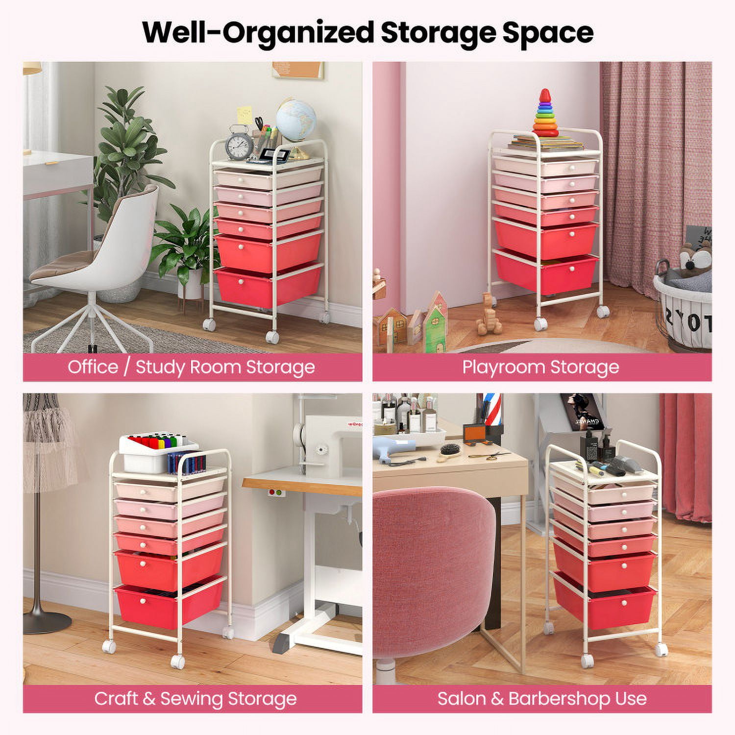 Resenkos Filing Cabinet Office Drawers, Office Storage Cabinet,6 Drawers Rolling Storage Cart Organizer-Pink