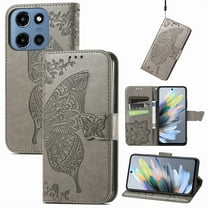 Wallet Case for Moto G 5G(2025),Women Flip Folio PU Leather Protective Case Wrist Strap Card Slots Holder Purse Emboss Butterfly Flower Stand Flip Case for Moto G 5G(2025),Gray