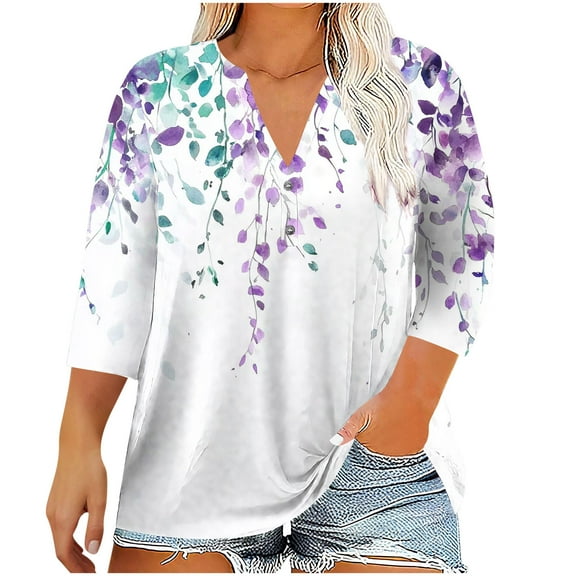 Womens Plus Size Boho Floral Printed Top V Neck Henley Button Tunic Shirts 3/4 Sleeve Casual Loose Tee Summer Lightweight Blouse
