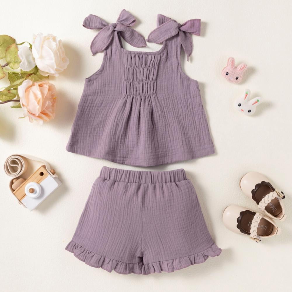 Kid Girl Flounced Solid Top Bowknot Decor Printed Shorts Casual Set