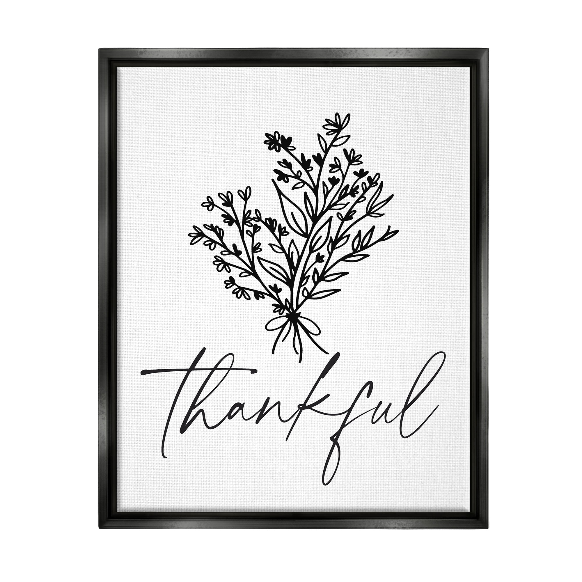 Stupell Industries Thankful Script Delicate Botanical Blooms Petals Bouquet Graphic Art Luster Gray Floating Framed Canvas Print Wall Art, Design by Lettered and Lined