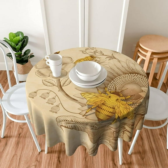Retro Bee Round Tablecloth Sunflower Table Cover Washable Polyester Tablecloths for Kitchen Dining Holiday Party Home Decor 60 Inch