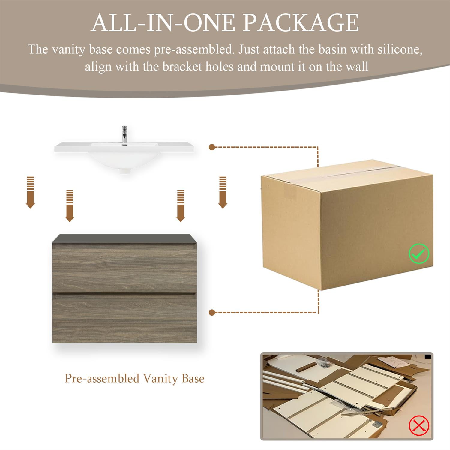 Demi Bonn 30" Floating Bathroom Vanity with Sink, Resin Top Basin and 2 Soft Close Drawers, Faucets and Drains Not Included, Gray