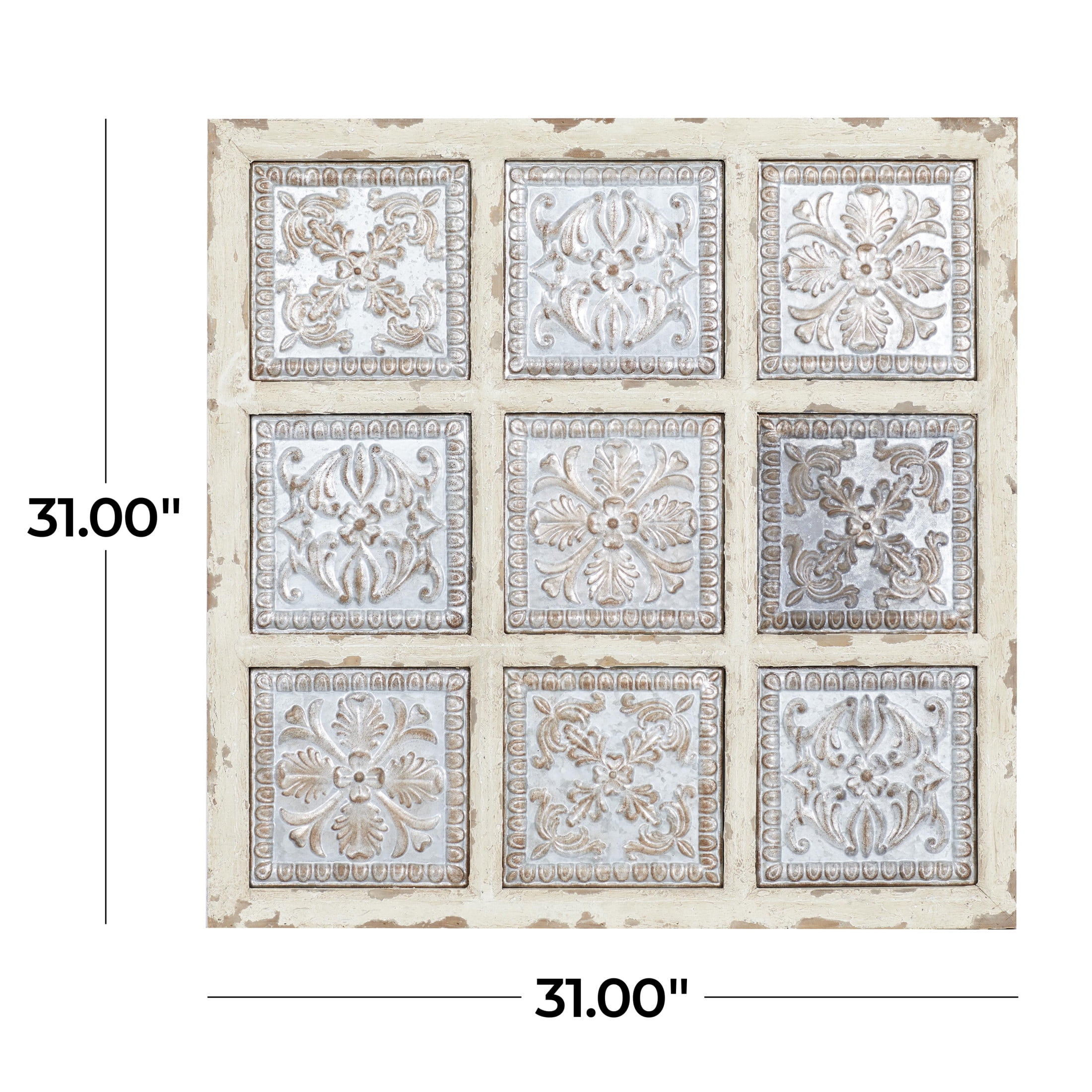 DecMode Gray Metal Embossed Floral Wall Decor with Distressed Cream Frame