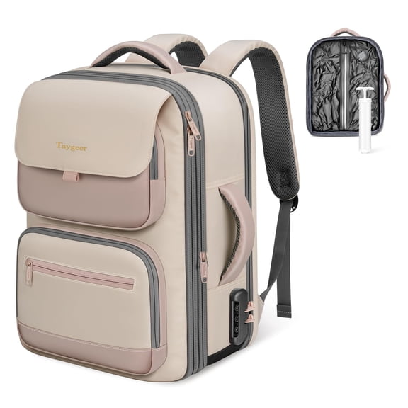 Taygeer Vacuum Seal Travel Backpack with Hand Pump, Expandable Carry on Backpack with Lock Fits for 17.3 Inch Laptop, Pink