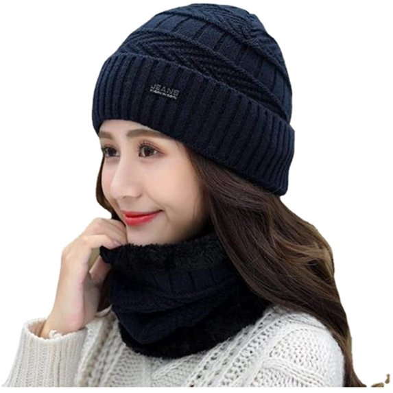 GRNSHTS Winter Warm Knitted Beanie and Warm Scarf Set for Women, Soft Fleece Lining and Stylish Knit Scarf and Beanie Set (Navy)