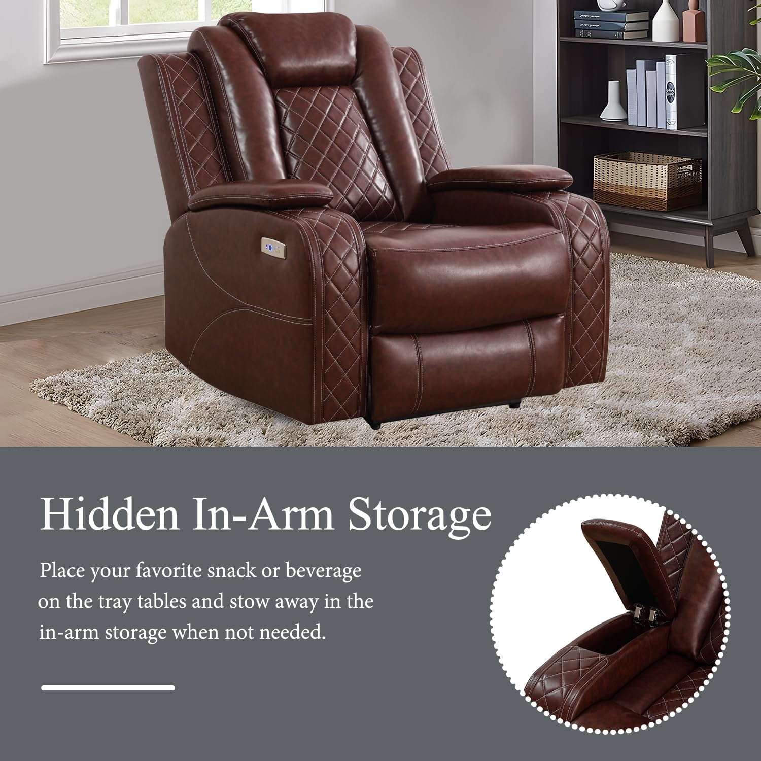 PonLiving Leather Power Recliner Sofa Set with LED Lights and USB Chargers - Burgundy Leather Living Room Furniture SOFA