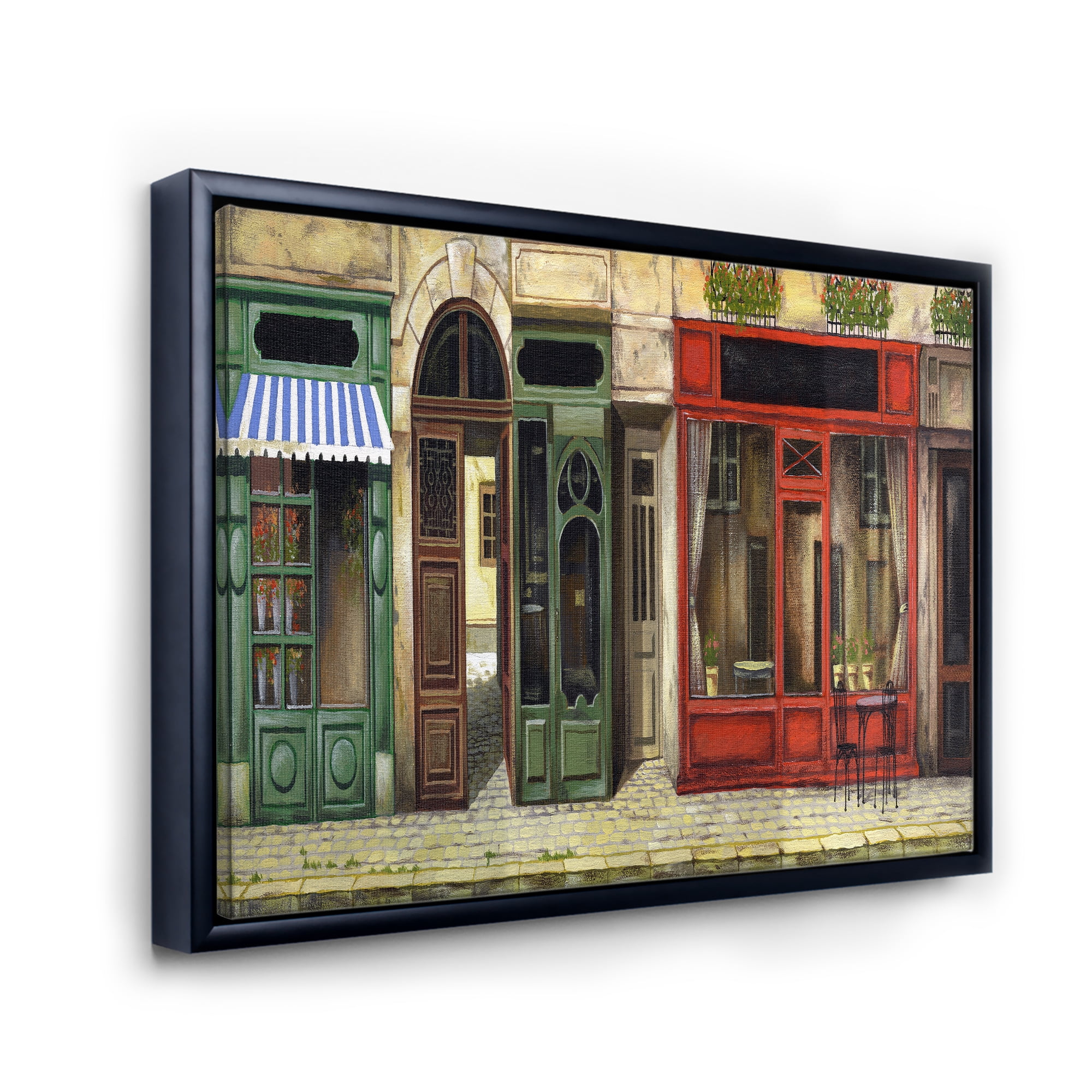 Designart 'Red Facade of Charming Shop In Paris Street II' French Country Framed Canvas Wall Art Print