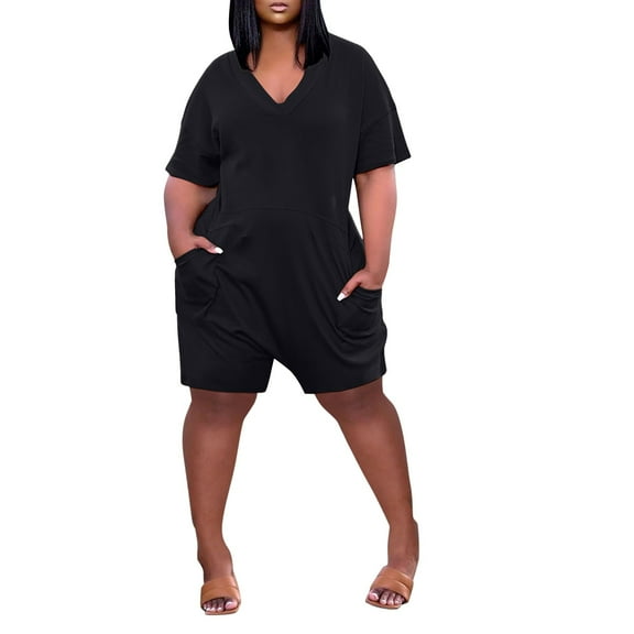 Lisingtool Womens Overalls Comfortable Leg Pockets Neck Short Women Sleeve Jumpsuit Wide V Summer Romper Short Women Jumpsuits for Women Dressy Black