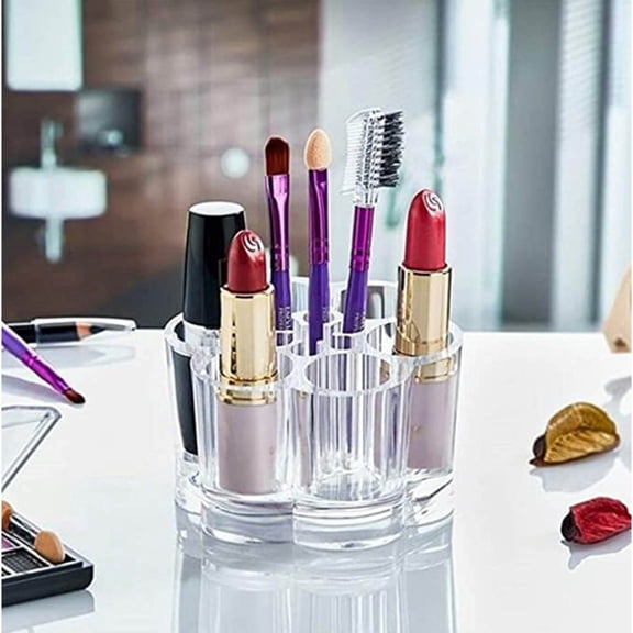 SugarBloom Flower Acrylic Makeup Brush Holder with 6 Lipstick Slots, Transparent Cosmetic Organizer for Vanity Desktop,Clear